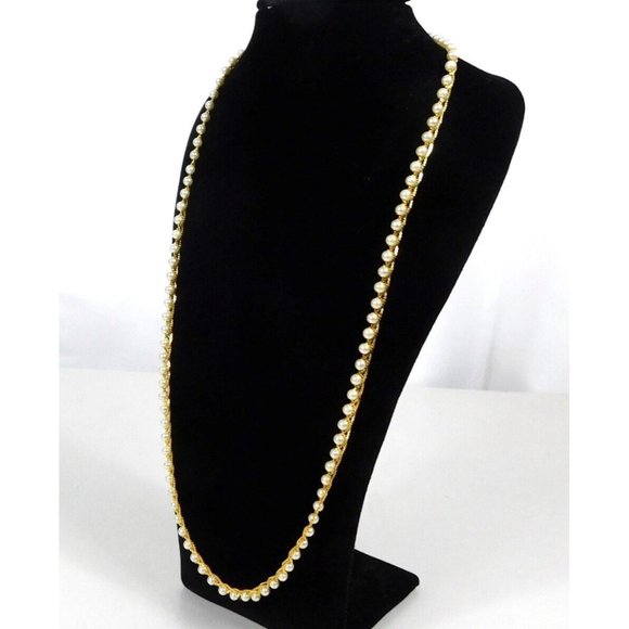 Vintage Signed Napier Faux Pearl Woven Gold Tone Necklace Chain 24" - Picture 6 of 9